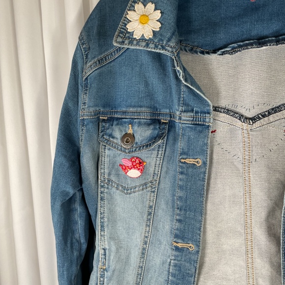 Wrangler Denim Jacket Y2K Womens Med Patches Embroidery Boho Stretch Retro Hippy - Picture 6 of 9